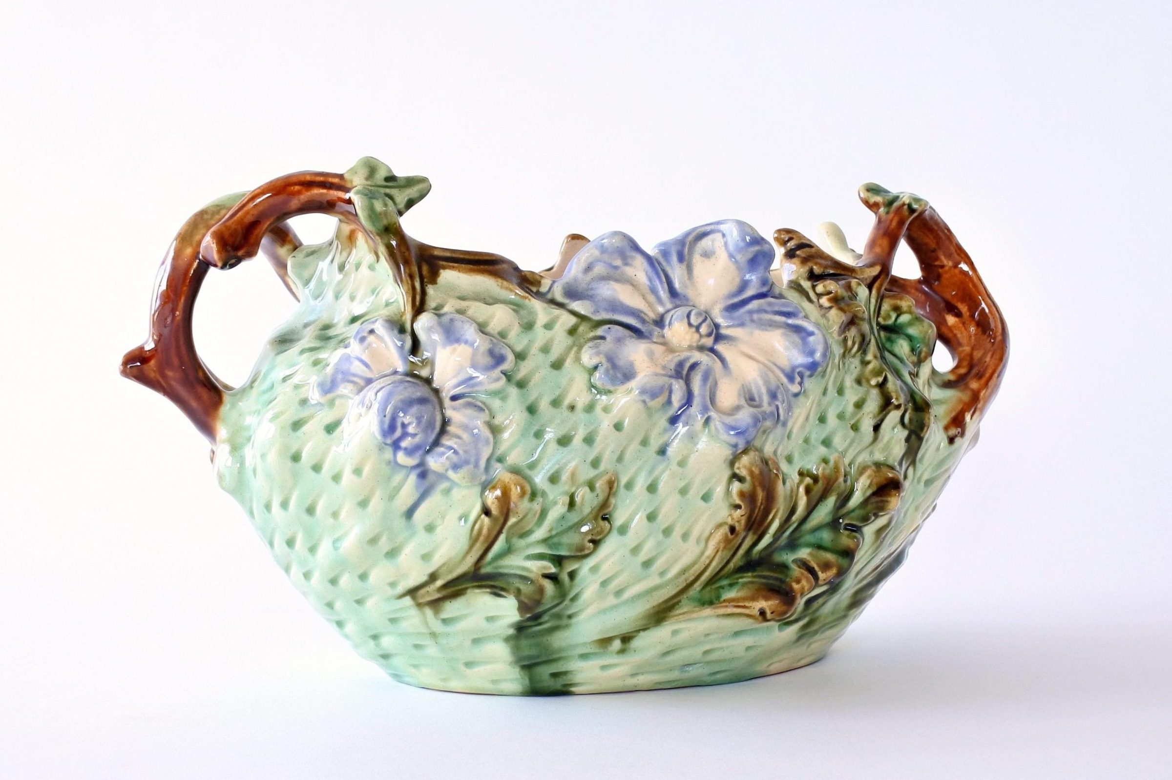 Jardinière in ceramica barbotine con fiori blu su fondo turchese - 5