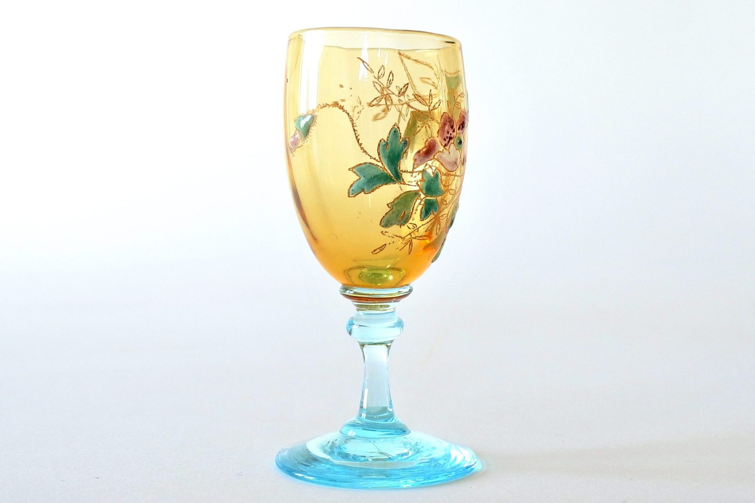 Bicchierino antico Legras a calice in vetro soffiato e smaltato con fiori - 4