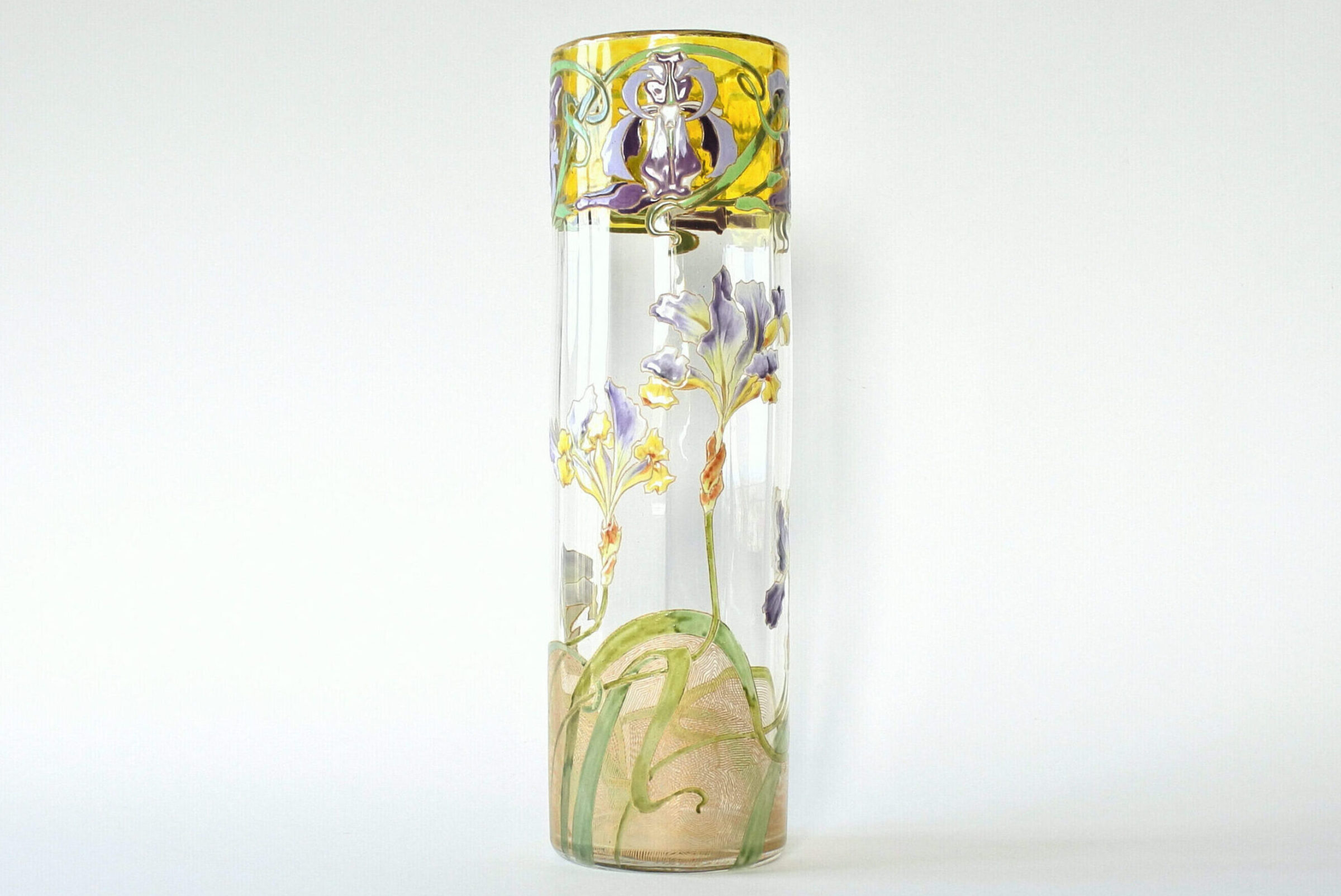 Vaso tubolare Legras in vetro soffiato e smaltato con fiori di iris