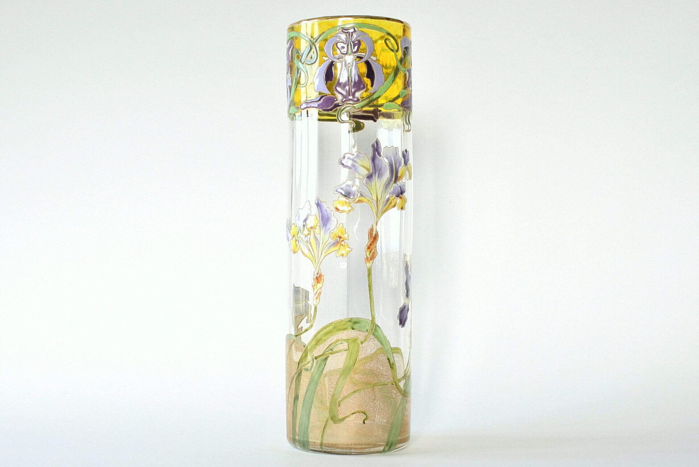 Vaso tubolare Legras in vetro soffiato e smaltato con fiori di iris