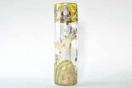 Vaso tubolare Legras in vetro soffiato e smaltato con fiori di iris