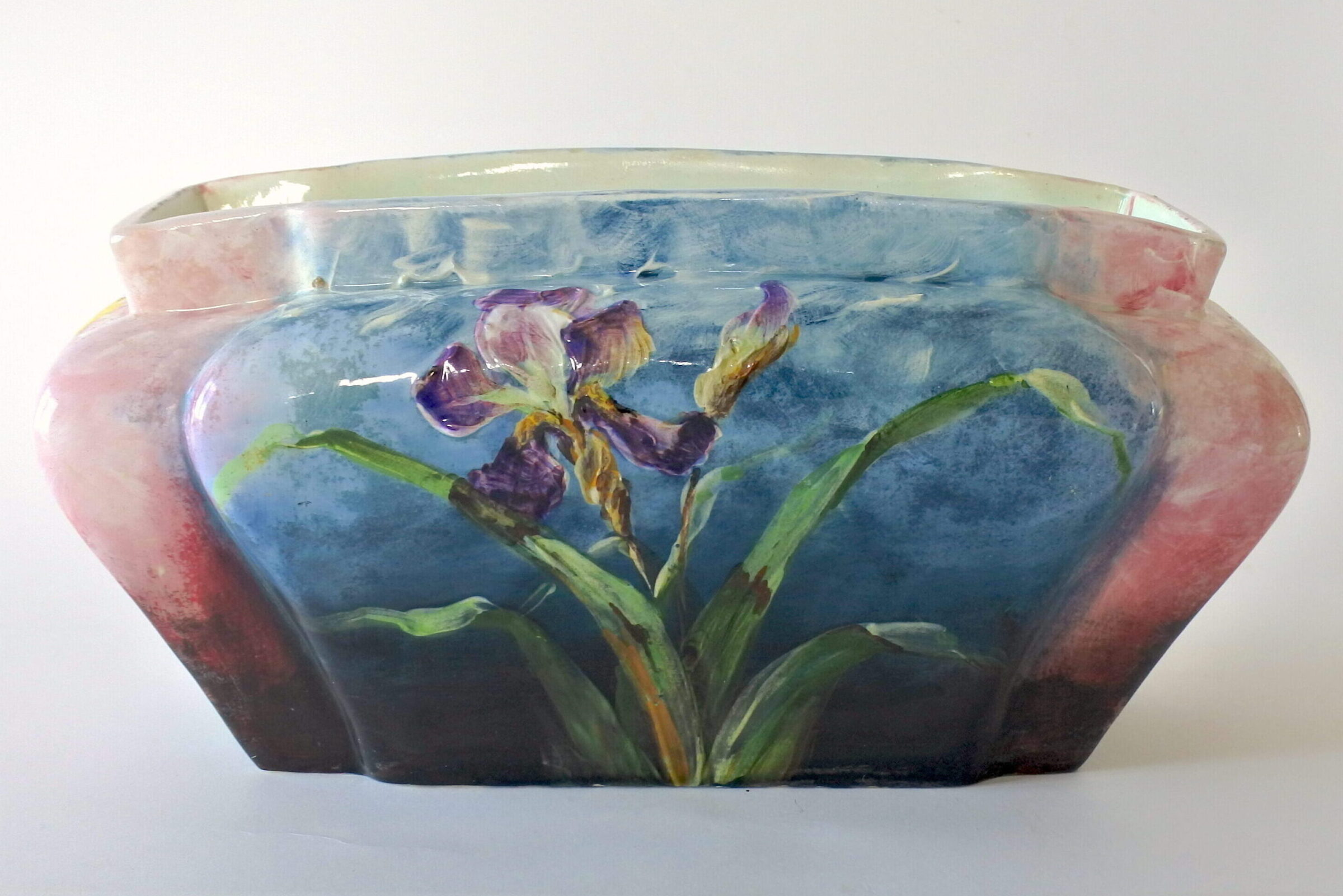 Jardinière Massier in ceramica barbotine con iris e margherite - 3
