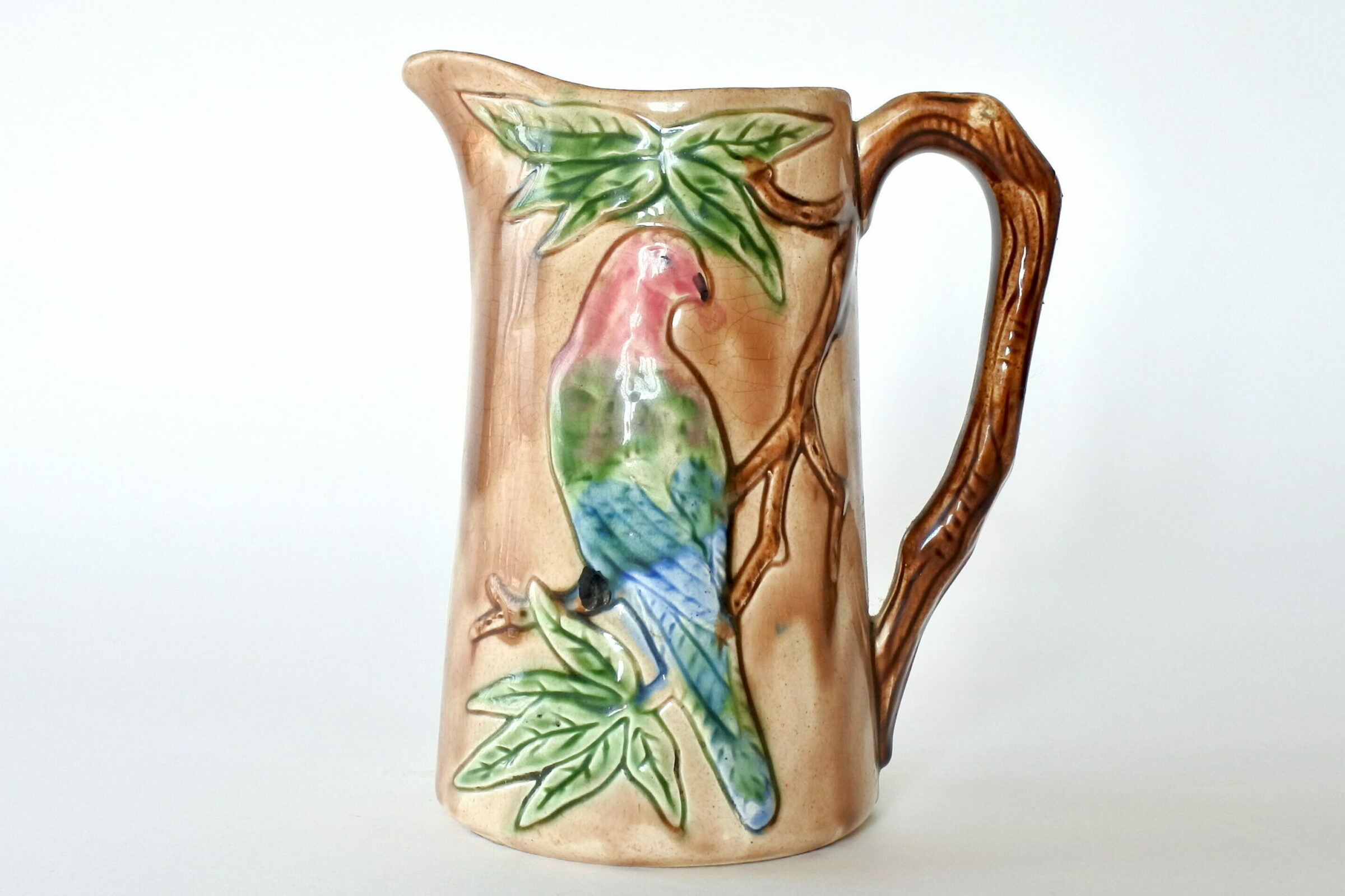 Brocca Orchies in ceramica barbotine con pappagalli su rami - 2