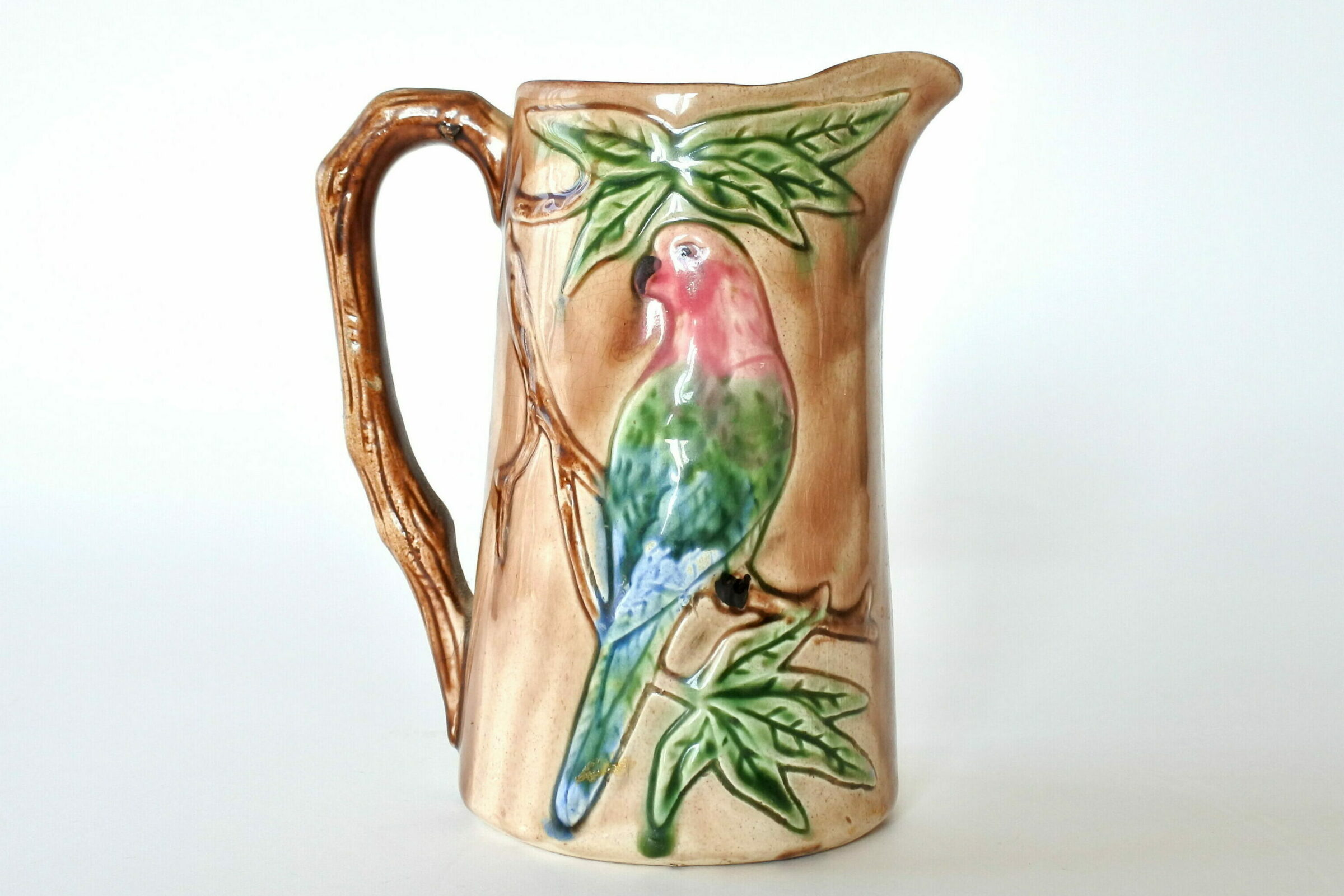 Brocca Orchies in ceramica barbotine con pappagalli su rami - 4