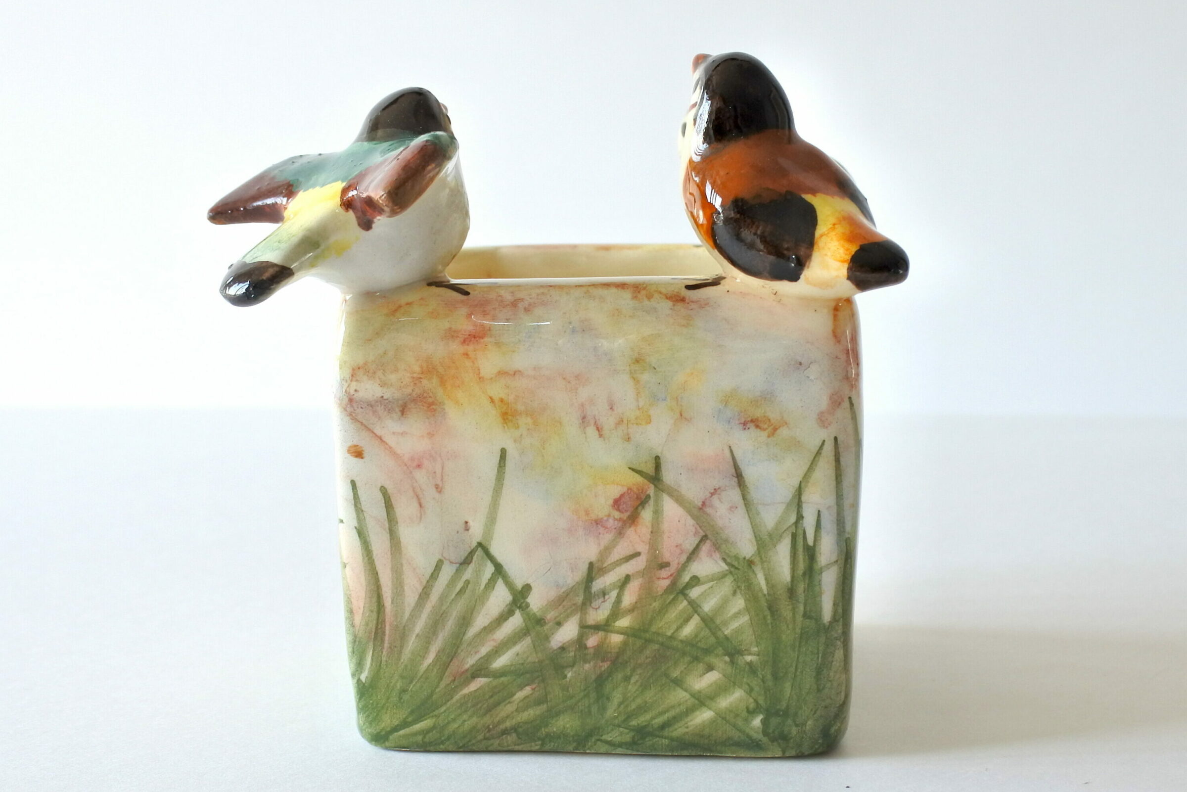 Jardinière Massier in ceramica barbotine con 3 uccellini in rilievo - 2