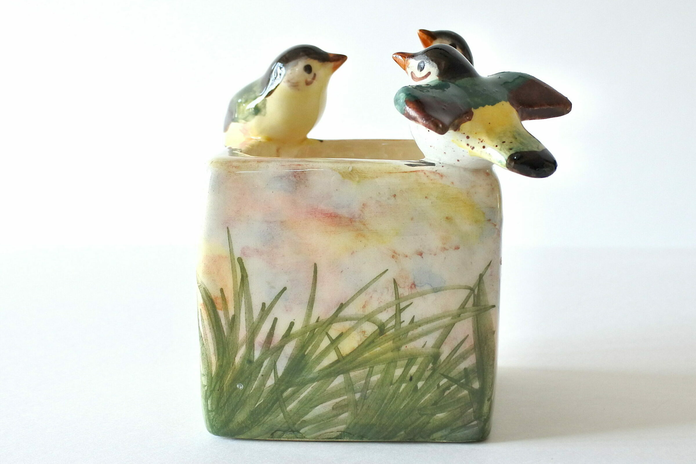 Jardinière Massier in ceramica barbotine con 3 uccellini in rilievo - 3