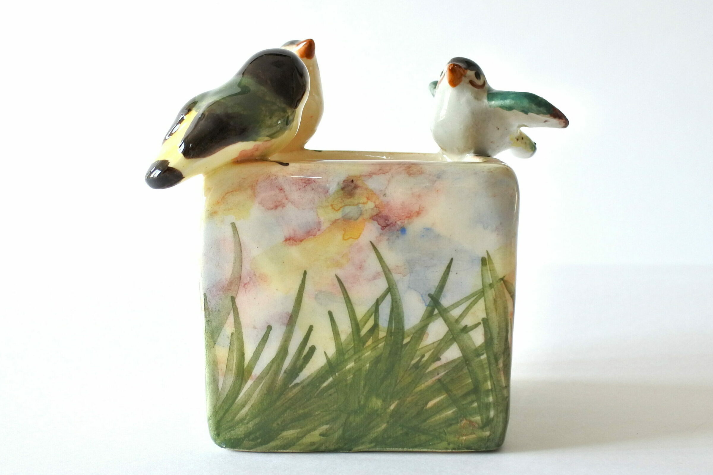 Jardinière Massier in ceramica barbotine con 3 uccellini in rilievo - 4