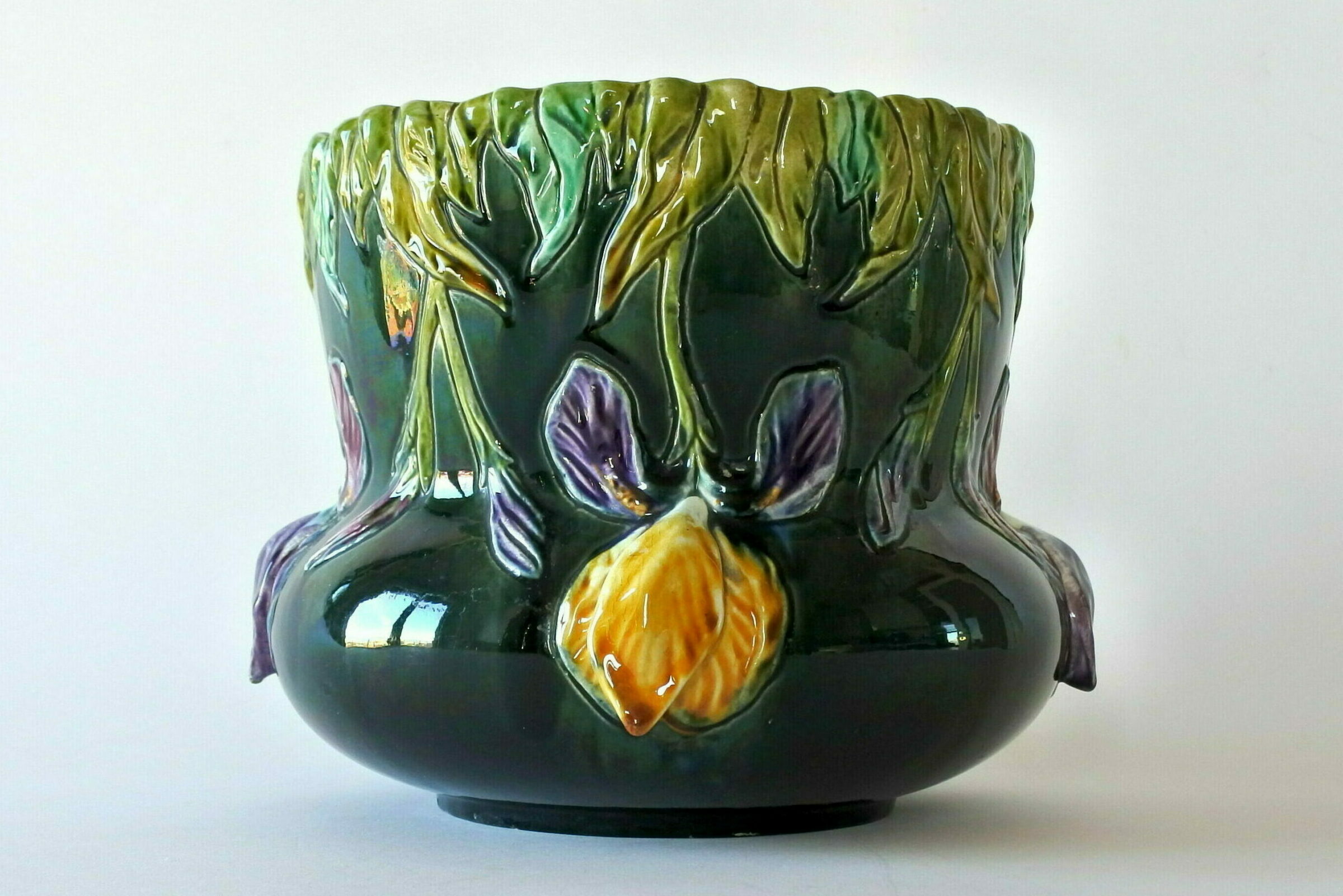 Cache pot Orchies in ceramica barbotine con iris viola e gialli - 2