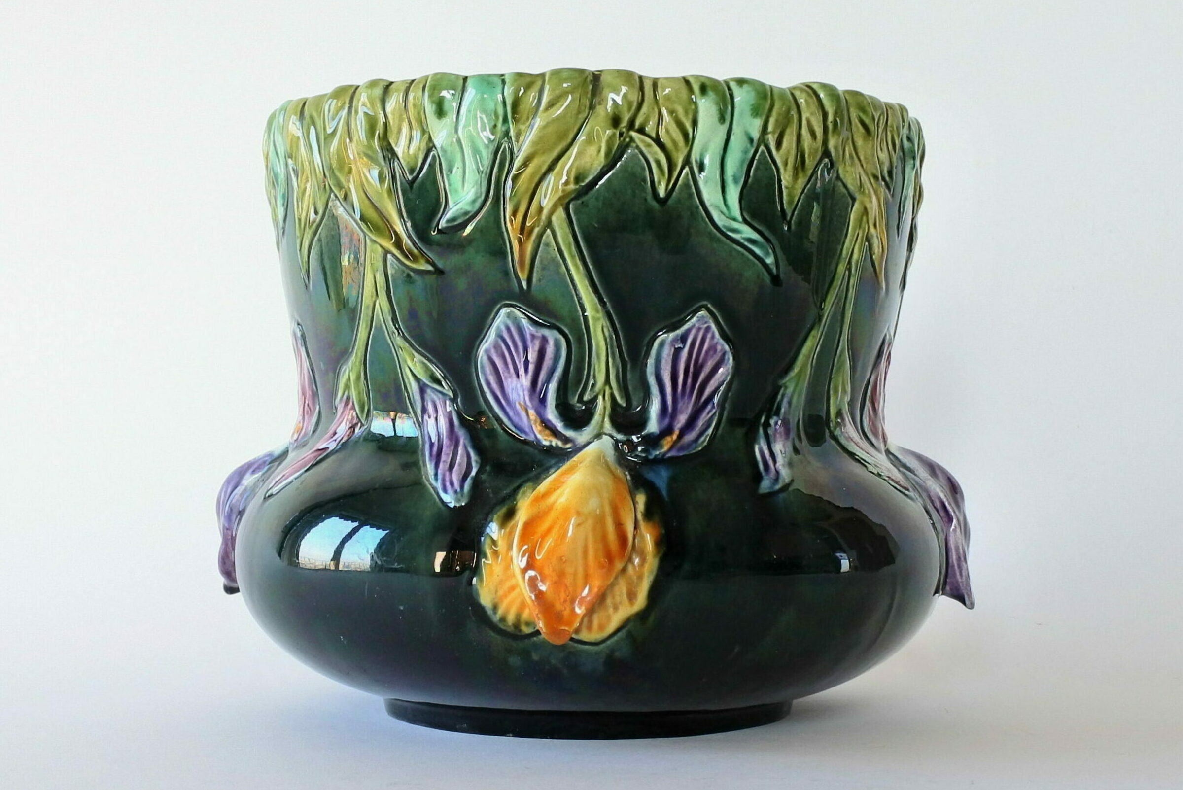 Cache pot Orchies in ceramica barbotine con iris viola e gialli - 4