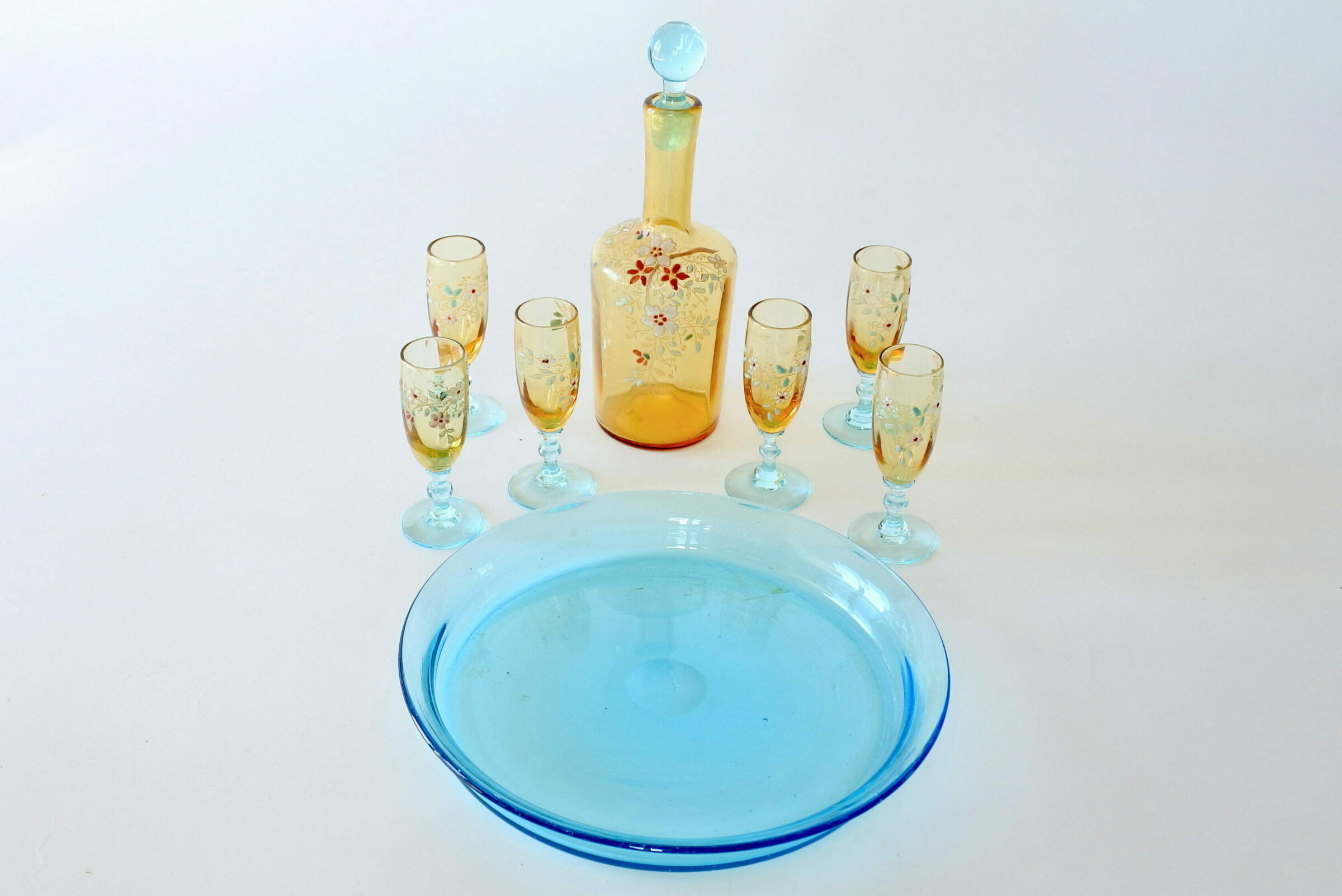 Servizio da liquore Legras in vetro soffiato e decoro floreale smaltato - 5