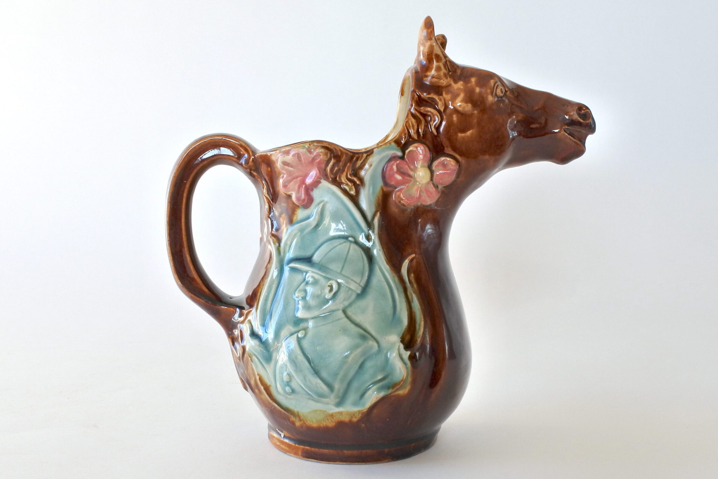 Brocca in ceramica barbotine a forma di testa di cavallo con fiori - 4