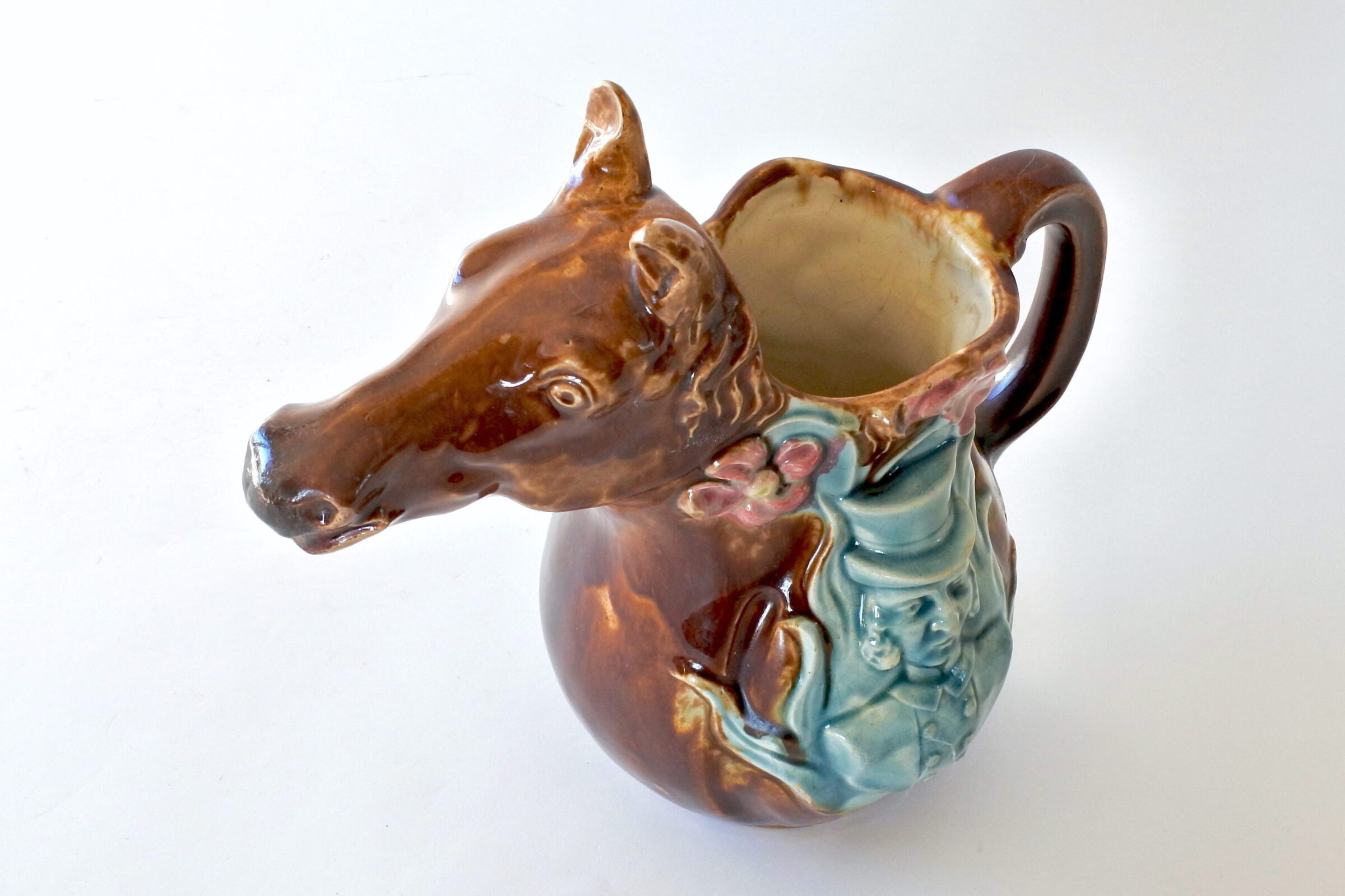 Brocca in ceramica barbotine a forma di testa di cavallo con fiori - 6